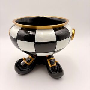 Happy Haunts Black White Checkered Halloween Cauldron Witch Feet Candy Bowl NEW